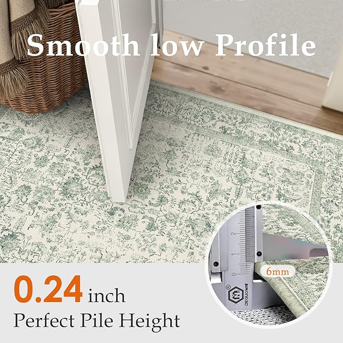 Sage Green Area Rug 5x7 Living Room Washable Carpet Vintage Distressed Non Slip Kitchen Carpet Neutral Low Pile Retro Floral Farmhouse Throw Rug for Home Office Bedroom Laundry Dining Room