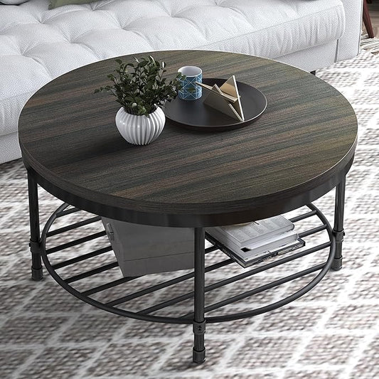 NSdirect 36" Round Coffee Table with Storage Shelf, Dark Grey Brown Vintage Wood Top & Metal Legs - 18.5" Height End Table for Small Spaces (Dark Grey Brown)