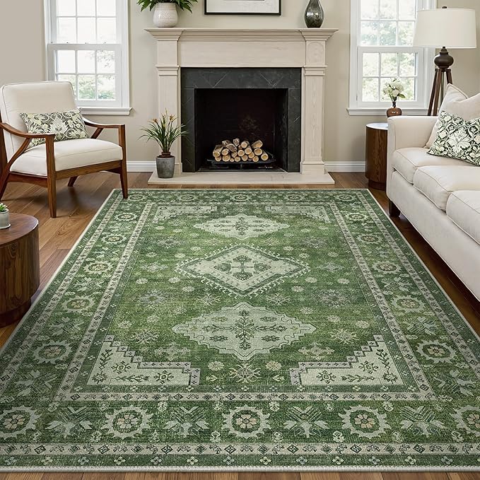 GENIMO Washable Rug 8X10 Area Rugs for Living Room Bedroom, Machine Washable Area Rug, Print Vintage Tribal Aesthetic Carpet, Low Pile Mat with Non Slip Rubber Backing, Distressed Green