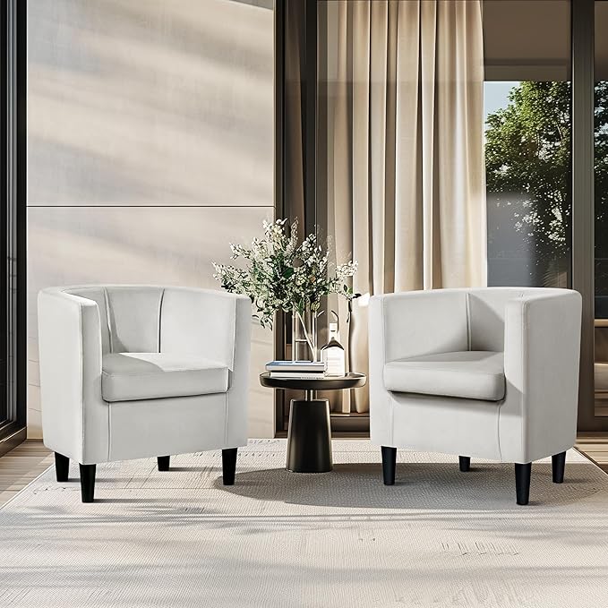 Yaheetech Velvet Accent Chair, Modern and Comfortable Armchairs, Upholstered Barrel Sofa Chair for Living Room Bedroom Waiting Room, Beige, 2pcs