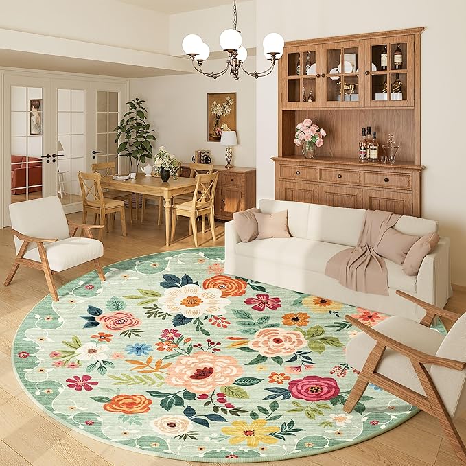 DUKINO Floral Round Rug, 6ft Washable Circle Rug, Non Slip Indoor Low Pile Circle Rug, Soft Small Boho Design Carpet for Bedroom, Entryway, Living Room, Dining Room, Green