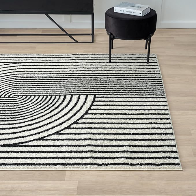Abani Nuevo Collection Area Rug - Mid-Century Black and White Arch Knot Design - 6' Round - for Living Room, Bedroom & Office