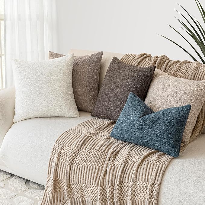 Foindtower Pack of 2 Modern Textured Boucle Throw Pillow Covers Accent Solid Decorative Lumbar Pillow Cases Cozy Couch Cushion Case for Chair Sofa Bedroom Living Room Home Decor, 12 x 20 Inch,Blue