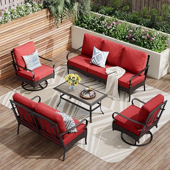 PHI VILLA Outdoor Modern Patio Furniture Set, Upgraded Wicker&Metal Patio Furniture Conversation Set with Waterproof Thick Cushions for Porch, Poolside, Deck, and Yard (5 Pieces,Red)