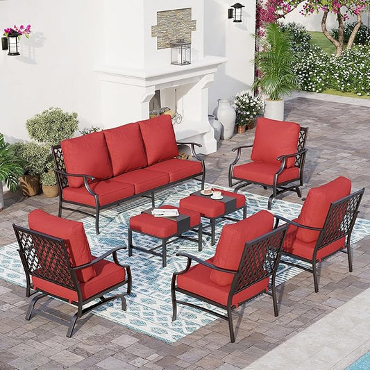 7 Piece Metal Outdoor Patio Furniture Sets, Patio Conversation Sets 1 3-Seater Sofa, 2 Fixed Chair, 2 Rocking Chair, 2 Ottomans with 5.75" Thick Cushion, Black Backyard Furniture, Red