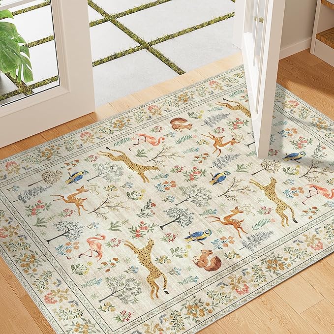 DUKINO 2x3 Rug, Washable Animal Rugs for Entryway, Non Slip Indoor Door Mat, Soft Low Pile Small Area Carpet for Entrance, Bedroom, Kitchen, Laundry, Bathroom, Beige