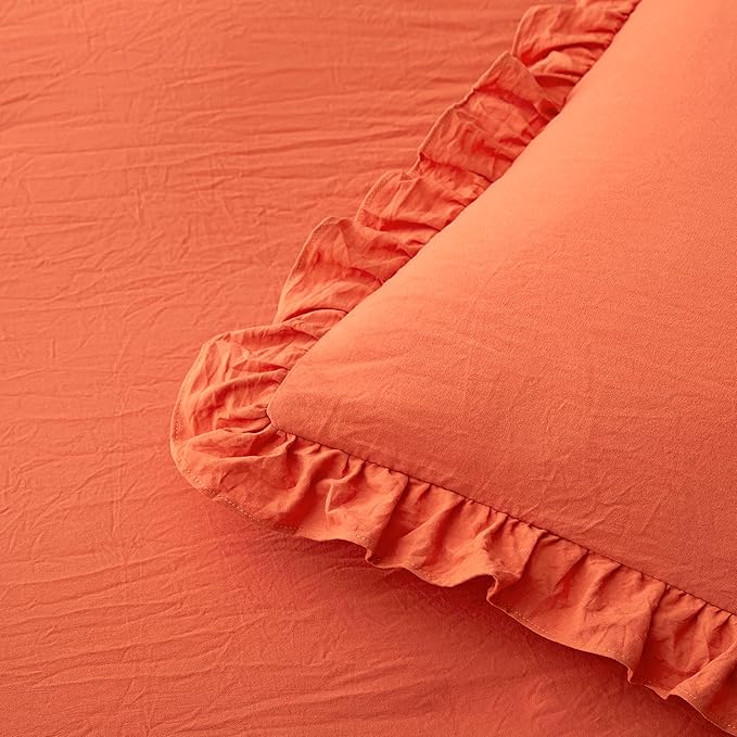 Bonlino Bedding Comforter Set Queen - 3 Pieces Farmhouse Comforter Ruffle Boho Bed Comforter, Fluffy Soft Lightweight Bedding Chic Rustic Country Style for Home Bedroom Dorm (Queen, Orange)