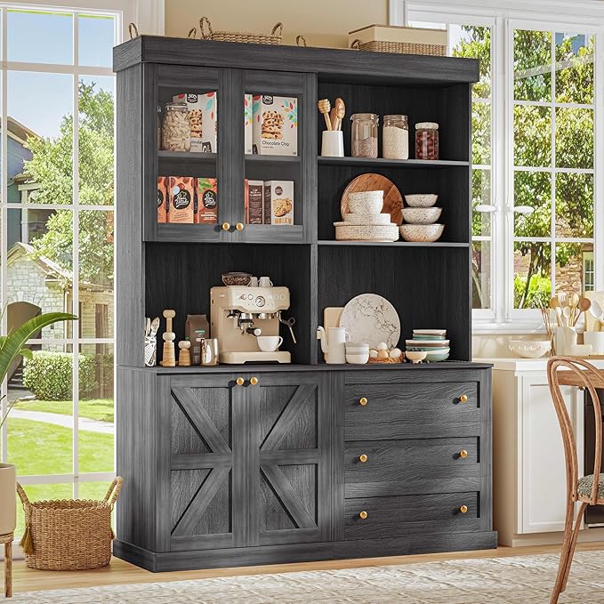 Vyre 71" Farmhouse Kitchen Pantry Cabinet, Black Freestanding Coffee Bar Hutch with Glass Doors, Drawers & Adjustable Shelves, Microwave Stand Storage Organizer for Living Room & Kitchen, Set of 4