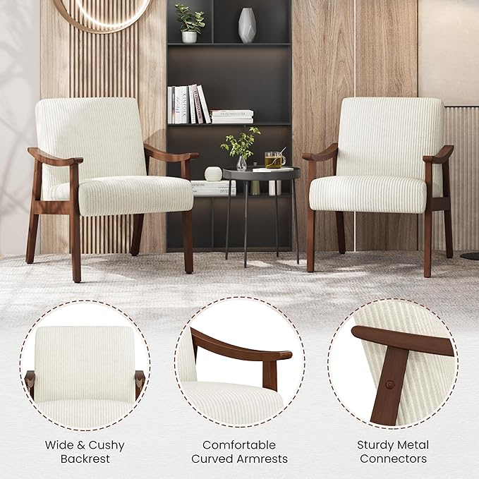 Yaheetech Corduroy Accent Chair, Mid-Century Modern Armchair with Solid Wood Legs, Reading Leisure Chair with High Back for Living Room Bedroom Waiting Room, Set of 2, Beige