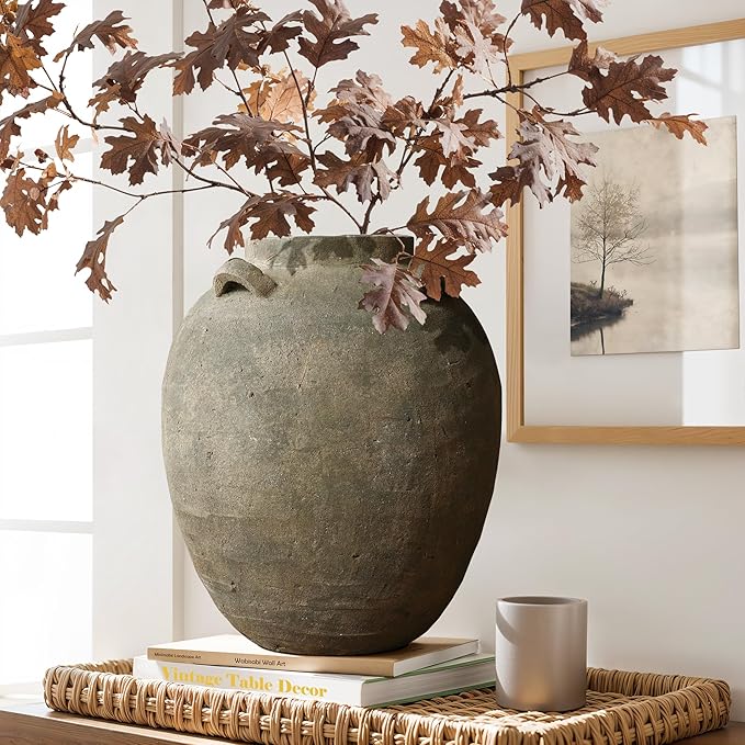 LuxenHome Rustic Ceramic Flower Vase,15 Inch Tall Brown Terracotta Cauldron Vase for Living Room Decor，Large Floor Vase Home Décor Accents,Round Vintage Pottery Vases Home Decor