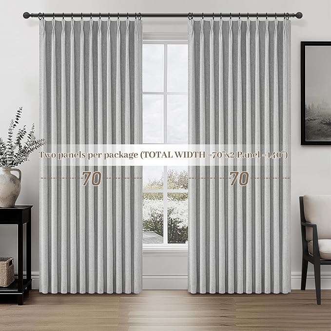 Light Grey Blackout Curtains 70 Inches Extra Wide Pinch Pleated for Sliding Glass Door 2 Panels Set,Viral 96 Inch Long Curtain for Bedroom Thermal Large Window Heavy Drapes (W70xL96x 2 Panels Gray)