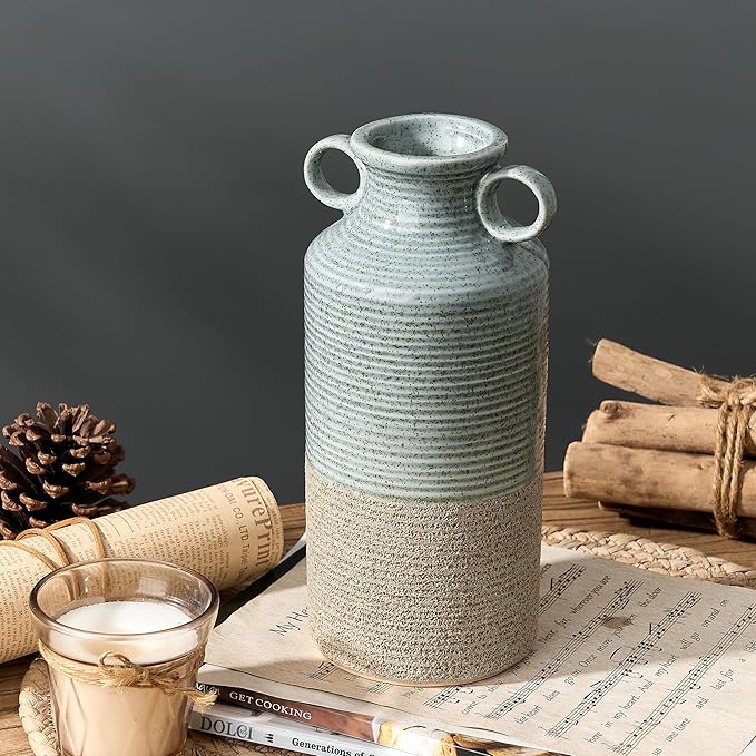 Blue and Brown Ceramic Rustic Vase with 2 Round Handles, Modern Farmhouse Flower Vase, Vintage Terracotta Vases for Home Decor, Wedding, Living Room, Table, Shelf Decor - 9.5 Inch Tall