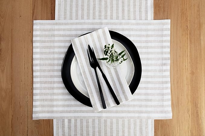 Solino Home Linen Napkins Set of 4-100% Pure Linen Amalfi Stripe Natural and White Cloth Dinner Napkins 20 x 20 Inch for Fall, Autumn, Thanksgiving, Christmas - Handcrafted and Machine Washable