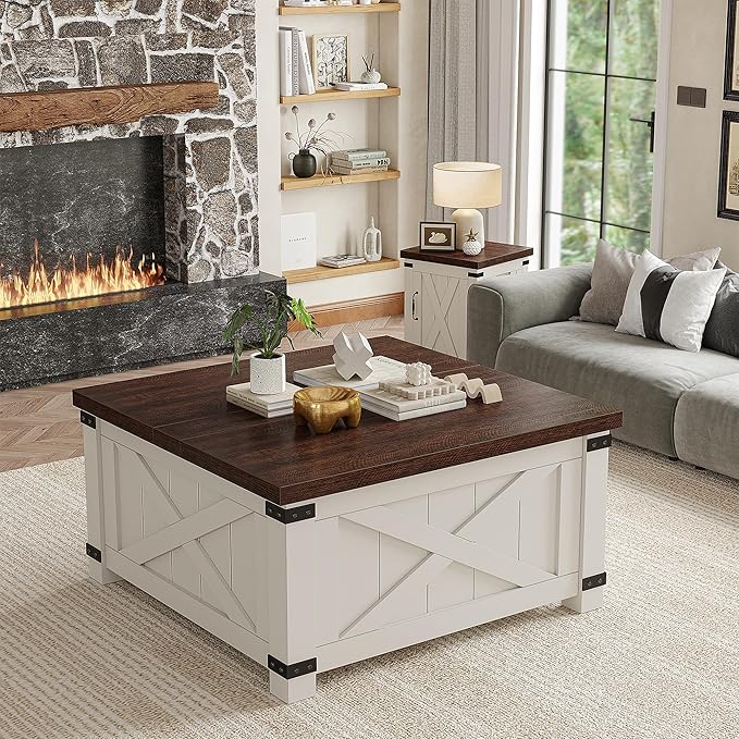 EnHomee Lift Top Coffee Table with Storage, 35.7" W Square Coffee Tables for Living Room, Small Coffee Table with Large Hidden Space, for Living Room, Bedroom, Home Office, White