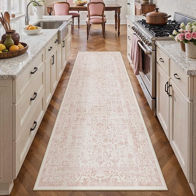 Pink Runner Rug 2x8 Hallway Machine Washable Kitchen Vintage Distressed Non Slip Long Carpet Indoor Retro Floral Bedroom Accent Throw Rug for Bathroom Office Laundry Dining Room