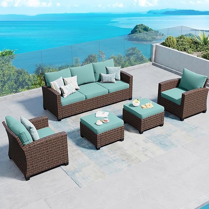 Patio Furniture Set Outdoor Furniture Brown Wicker Rattan Patio Conversation Sets with Cushion Outside Sofa Set,5 Pieces 7 Seats,Blue
