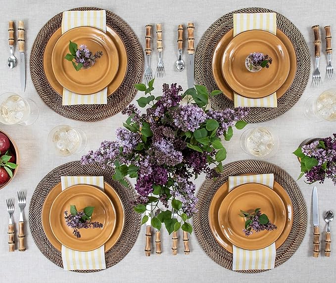 Solino Home Linen Napkins Set of 4-100% Pure Linen Amalfi Stripe Primrose Yellow and White Cloth Dinner Napkins 20 x 20 Inch - Handcrafted and Machine Washable