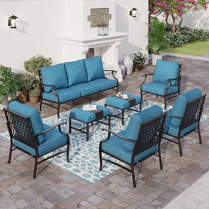 7 Piece Metal Outdoor Patio Furniture Set, Patio Conversation Sets 3-seater Sofa, 4 Fixed Chair, 2 Ottomans with 5.75" Thick Cushion, Black All-weather Frame Backyard Furniture, Blue-2