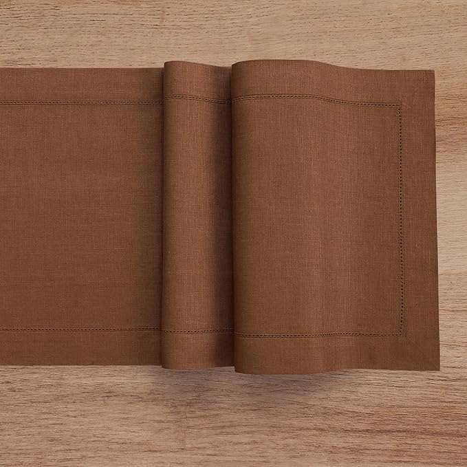 Solino Home Linen Brown Table Runner 108 Inches Long - 100% Pure Linen 14 x 108 Inch Table Runner for Fall, Autumn, Thanksgiving - Classic Hemstitch