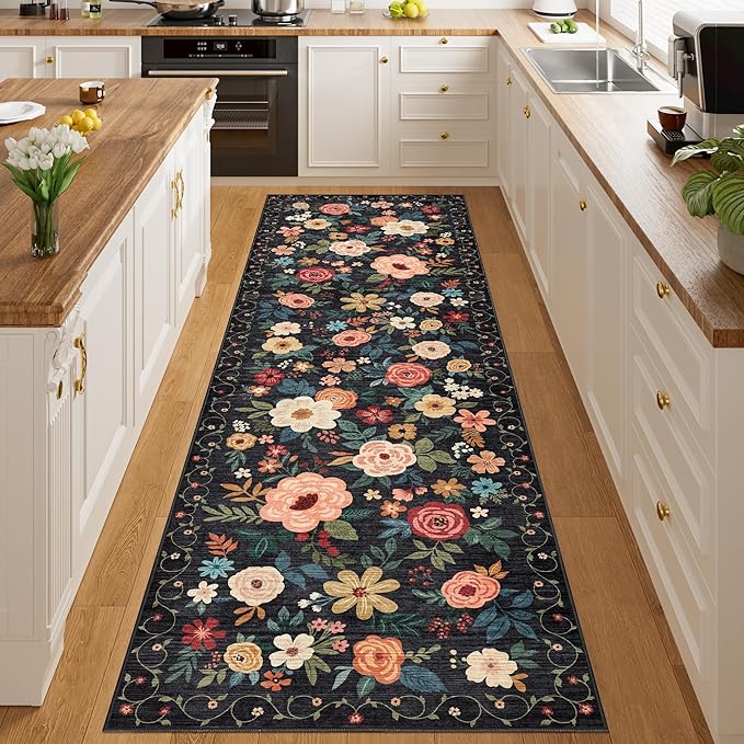 DUKINO Runner Rug, 2x10 Kitchen Runner Rug for Hallway with Non Slip Backing, Washable Low Pile Soft Boho Floral Carpet for Kitchen, Entryway, Hallway, Laundry, Bedroom, Black