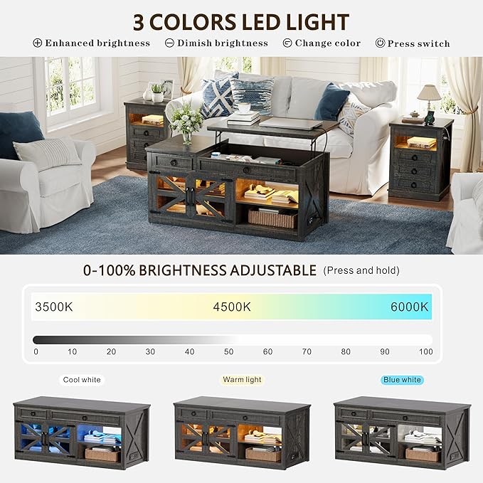 Lvifur 48" W Farmhouse Lift Top Coffee Table with LED Lights & Charging Station, Living Room Center Table with 2 Hidden Storage Compartments, Lifting Tabletop and Adjustable Shelf (Dark Rustic Oak)