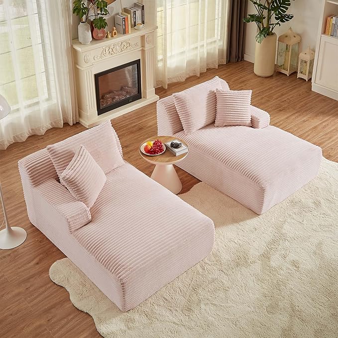 GNIXUU 78.8" Oversized Double Chaise Lounges Indoor, 2 Pieces Comfy Corduroy Chaise Lounge Chair Cloud Boneless Couch, Fluffy Upholstered Sleeper Loveseat Bed for Living Room Bedroom Reading(Pink)