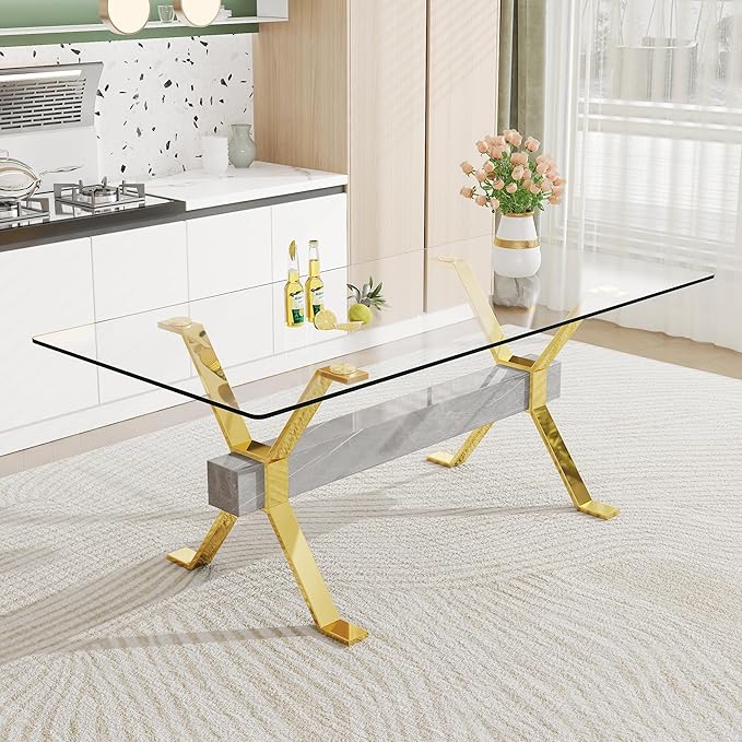 79" Glass Dining Table, Modern Kitchen Table, Modern Dining Table Set for 6, 0.5" Thick Tempered Glass Tabletop with Silver Chrome Metal Legs and Grey Crossbar, Ideal for Dining Room, Kitchen