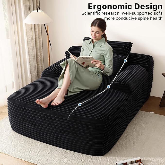 67" Oversized Chaise Lounge Chair Indoor, Comfy Sleeper Sofa Bed, Black Plush Corduory Couch for Living Room Bedroom,Sofa in A Box,No Assembly Required.