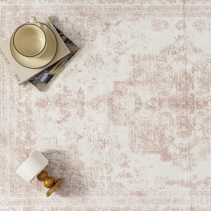 Washable Rug 9x12 Area Rug for Living Room Pink Vintage Boho Medallion Large Distressed Retro Carpet Non Slip Indoor Low Pile Small Soft Bedroom Dining Room Home Office