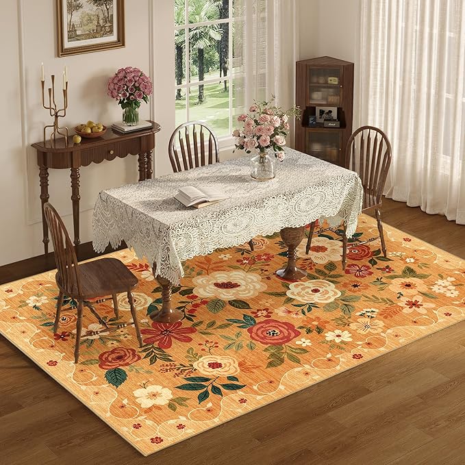 DUKINO 5x7 Area Rug, Floral Rugs for Living Room, Lightweight Non Slip Washable Rug, Indoor Low Pile & Non-Shedding Boho Design Rugs for Bedroom, Living Room, Dining Room, Orange