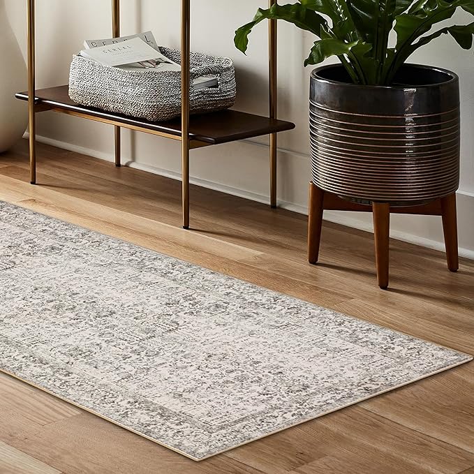 Gray Runner Rug 2x7 Hallway Machine Washable Kitchen Vintage Distressed Non Slip Long Carpet Indoor Grey Retro Floral Bedroom Accent Throw Rug for Bathroom Office Laundry Dining Living Room