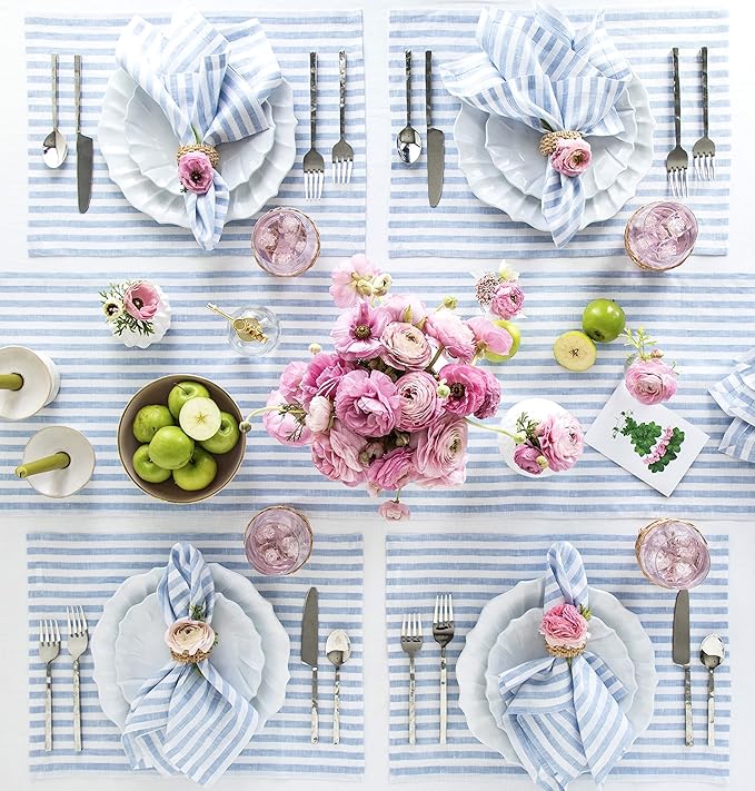 Solino Home Linen Napkins Set of 4-100% Pure Linen Amalfi Stripe Sky Blue and White Cloth Dinner Napkins 20 x 20 Inch - Handcrafted and Machine Washable - Christmas, Holiday