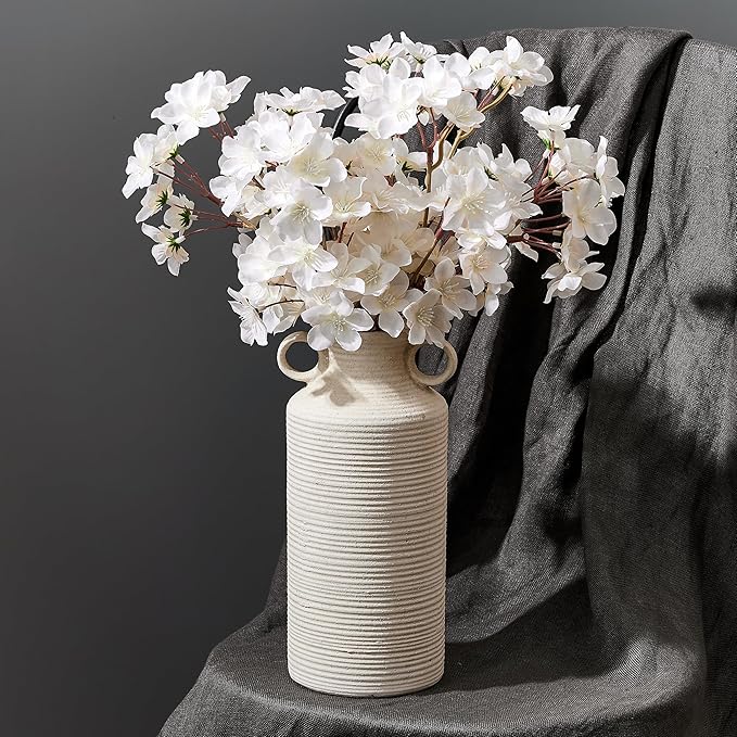 Ceramic Rustic Vase with 2 Round Handles, Antique Farmhouse Flower Vase, Vintage Terracotta Vases for Home Decor, Wedding, Living Room, Table, Shelf Decor - 10.2 Inch Tall, White