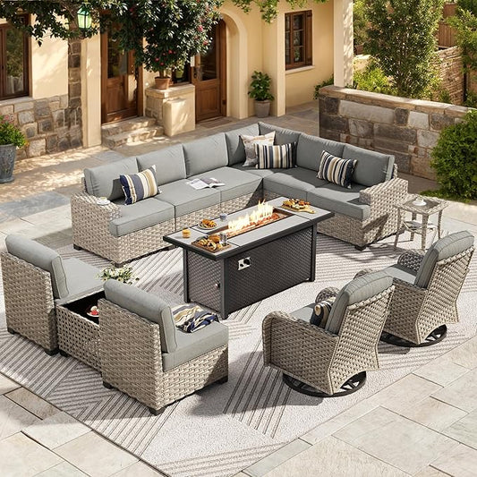 HOOOWOOO Outdoor Sectional Patio Furniture Set with Fire Pit Table,13 Pieces Wicker Conversation Sets L Shaped Couch,Extra Deep Out Door Sofa Outside Furniture with Swivel Chairs,Charcoal Gray
