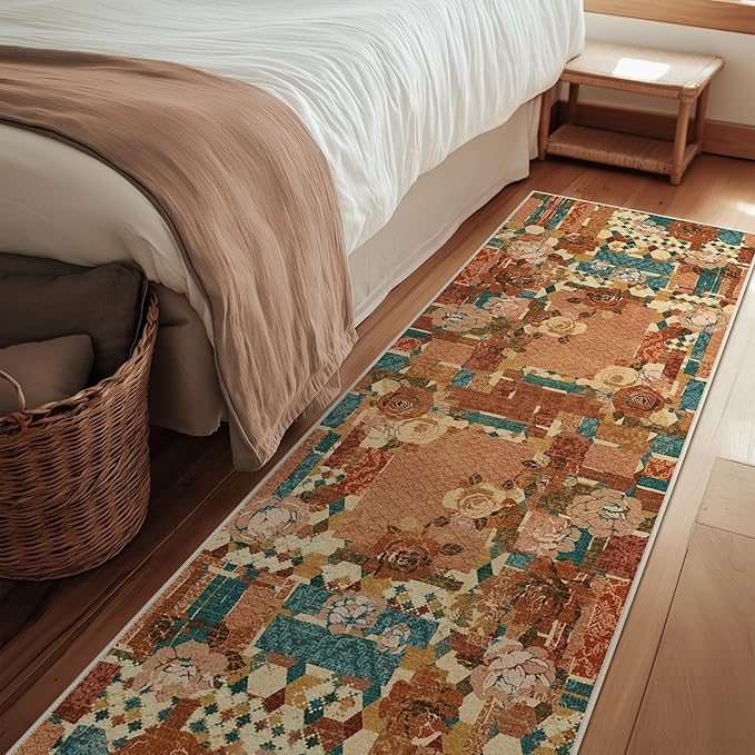 GENIMO Floral Runner Rug 2'6''x8, Machine Washable Non Slip Vintage Patchwork Hallway Runner, Ultra-Thin Low Pile Runners for Indoor Entryway, Hallway, Kitchen and Corridor,Rose Red