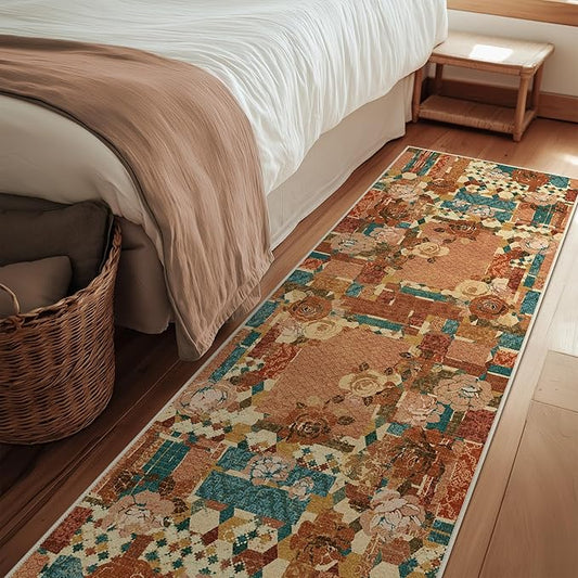 GENIMO Floral Runner Rug 2'6''x8, Machine Washable Non Slip Vintage Patchwork Hallway Runner, Ultra-Thin Low Pile Runners for Indoor Entryway, Hallway, Kitchen and Corridor,Rose Red