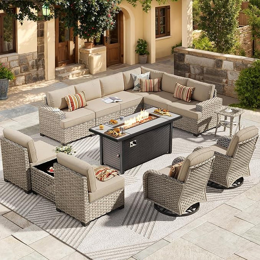 HOOOWOOO Outdoor Sectional Patio Furniture Set with Fire Pit Table,13 Pieces Wicker Conversation Sets L Shaped Couch,Extra Deep Out Door Sofa Outside Furniture with Swivel Chairs,Beige