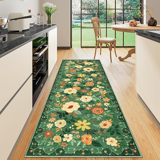 DUKINO Runner Rug, 2.6x8 Kitchen Rug for Hallway with Non Slip Backing, Washable Low Pile Soft Boho Floral Runner Carpet for Hallway, Kitchen, Entryway, Laundry, Bedroom, Dark Green