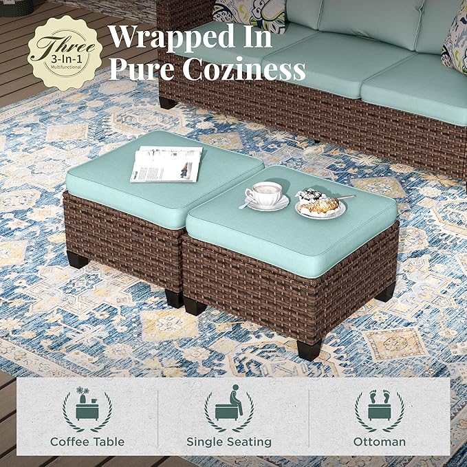 Swivel Glide Patio Furniture Set, 6 Pcs Wicker Outdoor Conversation Set, 2 x Swivel Chairs, 1 x 3 Seater Sofa and 2 x Ottoman with 4" Thick Cushion and 56" Fire Pit Table, Blue