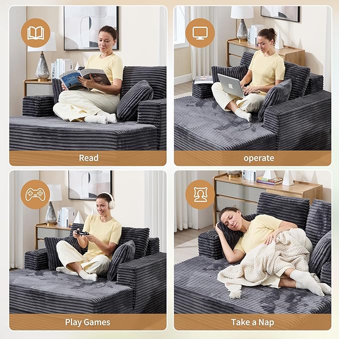 59" Chaise Lounge Chair Indoor - Oversized Comfy Corduroy Upholstered Sleeper Sofa with 4 Pillows & Armrests, Deep Seat Reading Chair Couch for Living Room, No Assembly Required - Dark Gray