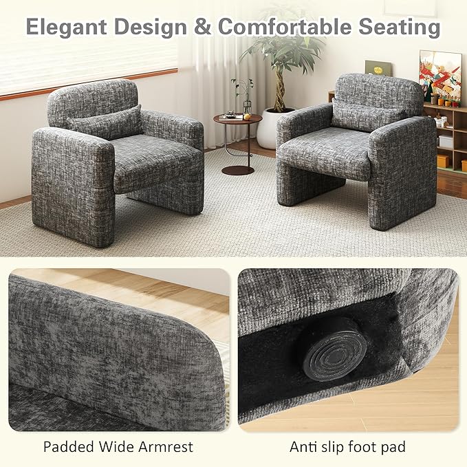 LSSPAID Modern Accent Chairs, Chenille Fabric Armchairs for Living Room, Comfy Upholstered Leisure Single Sofa Chair with Lumbar Pillow for Bedroom, Balcony, Office (Charcoal, Set of 1)