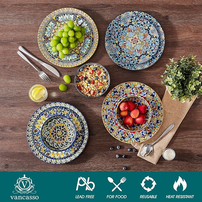 vancasso 18 Pieces Dinnerware Sets, Plates and Bowls Set, Porcelain Dishes Set for 6, Microwave and Dishwasher Safe, Scratch Resistant, Bohemian Style Dining Ware Service for 6, Series SIMI