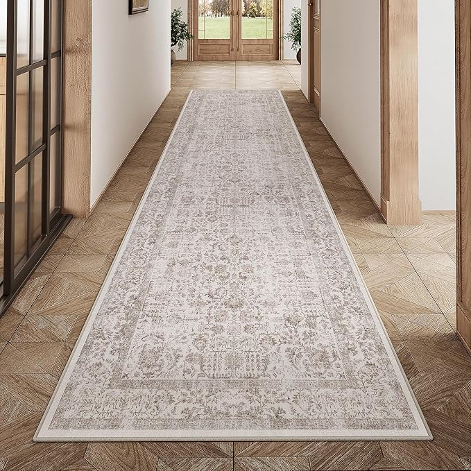 Light Brown Runner Rug 3x12 Hallway Machine Washable Kitchen Vintage Distressed Non Slip Long Carpet Indoor Retro Floral Bedroom Accent Throw Rug for Bathroom Office Laundry Dining Room