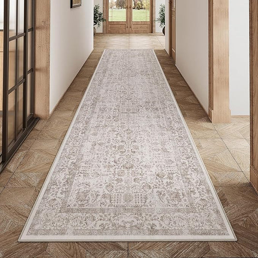 Light Brown Runner Rug 3x12 Hallway Machine Washable Kitchen Vintage Distressed Non Slip Long Carpet Indoor Retro Floral Bedroom Accent Throw Rug for Bathroom Office Laundry Dining Room