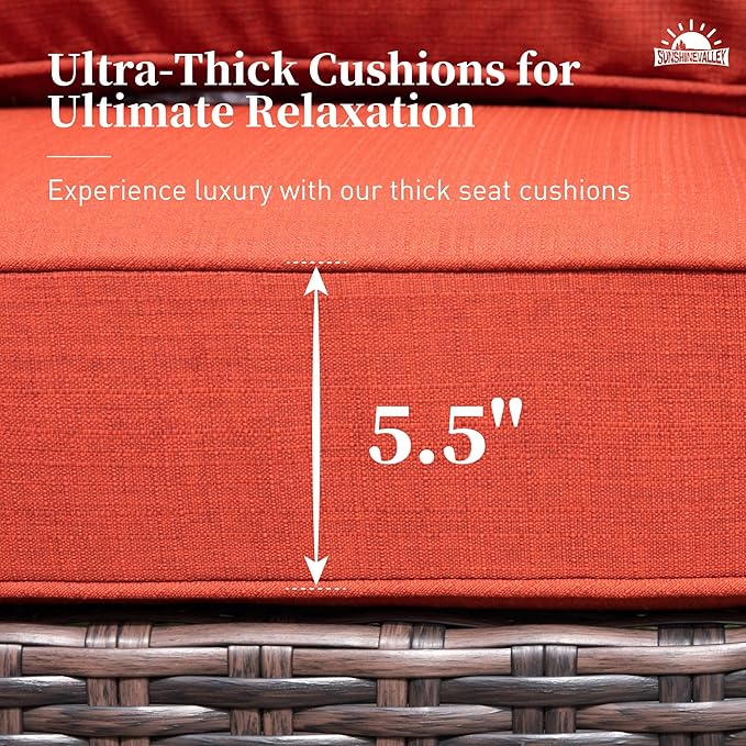 6 Piece Patio Furniture Set with Swivel Chairs, High Back Wicker Rattan Sofa with Extra Thick Cushion, Coffee Table and Ottoman, Outdoor Conversation Set for Backyard Deck,Red