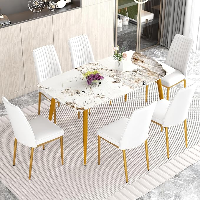 62" Marble Dining Room Table Set for 6 Rectangle Modern Dinner Table with Sintered Stone Top Golden Metal Legs Kitchen Table Chair Set for Dining Room (62" Golden+6White Chairs)