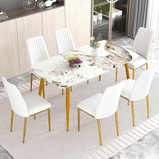 62" Marble Dining Room Table Set for 6 Rectangle Modern Dinner Table with Sintered Stone Top Golden Metal Legs Kitchen Table Chair Set for Dining Room (62" Golden+6White Chairs)