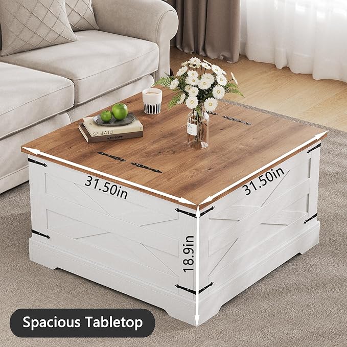 Farmhouse Coffee Table with Hidden Storage, White Square Coffee Table for Living Room, Wood Large Center Table with Hinged Lift Top for Home, Office