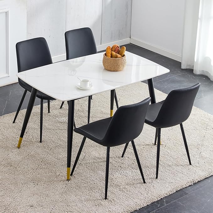 Modern Dining Table Set for 4, 50" Sintered Stone Kitchen Table and 4 Upholstered PU Leather Chair Dining Room Table Set for 4(1White Table and Black Chairs Set of 4)