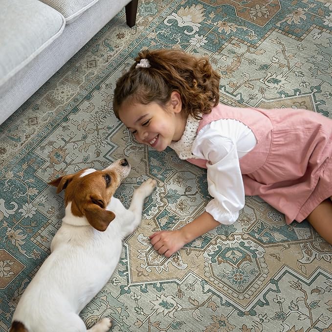 GENIMO 2x10 Runner Rugs for Hallway, Machine Washable Non Slip Vintage Rugs, Low Pile Lightweight Soft Print Rug for enrtyway, Corridor, Home Office, Kitchen,Ash Blue